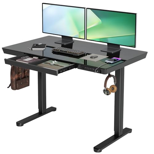 INNOVAR Glass Standing Desk with Drawers & USB Ports,48 inch Whole-Piece Glass Top Adjustable Height Desks, Quick-Install Electric Sit-Stand Up Desk for Home Office & Computer Workstation, Black - color: Black, size: 48 inch with USB