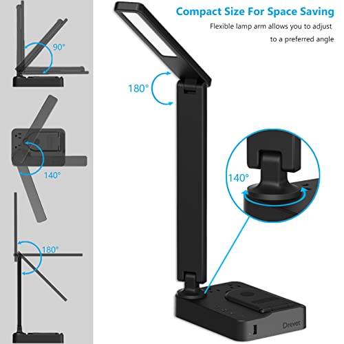 Drevet LED Desk Lamp with Wireless Charger, Desk Table Light with USB Charging Port and 2 Outlets, 3 Lighting Modes, 3 Level Brightness, 1H Timer, Touch Control, Eye-Caring Home Office Foldable Lamp - color: Black2.0 with wireless charging