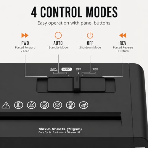 Compact Strip-Cut Paper Shredder, 6-Sheet Capacity, P-1 Security Level, 3-Minute Continuous Run, 4 Control Modes, Fits Most Trash Cans, Black