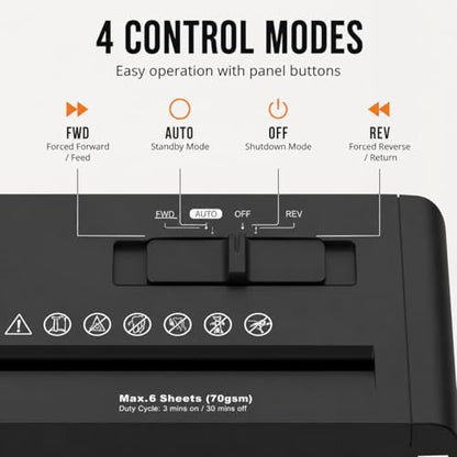 Compact Strip-Cut Paper Shredder, 6-Sheet Capacity, P-1 Security Level, 3-Minute Continuous Run, 4 Control Modes, Fits Most Trash Cans, Black