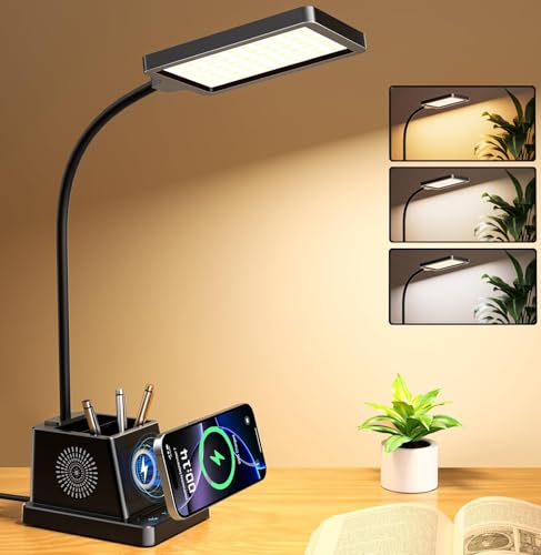 cozoo LED Desk Lamp, Wireless Charger, Gooseneck, Pen Holder, Nail, Black | Desk Light for Home Office, 15W Wireless Charger, 3 Color Modes 4 Brightness Leves CRI 95, 800 LM Small Table Lamp for Dorm