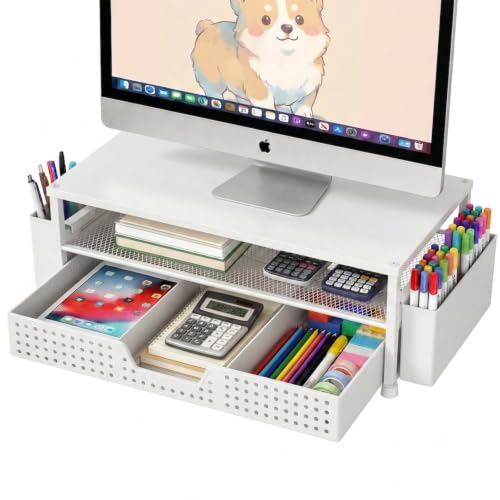 ECOLOVI Desk Organizer and Accessories, 2-Tier Computer Monitor Stand Rise with Storage Drawer & 2 Pen Holders, Laptop & Printer Stand for Desktop, Workspace Organizers for Office Supplies (White) - color: White