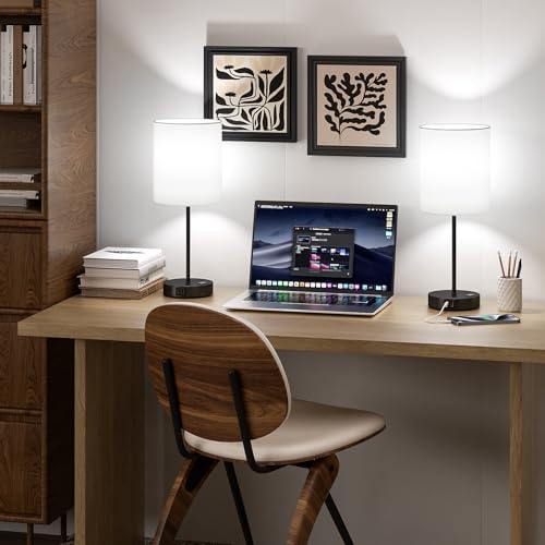 White Black Touch Lamps for Bedroom Set of 2, Dimmable, USB C+A, AC Outlet | Large 17.6" Tall Lamp, 3-Way Dimming, 5000K Daylight Bulbs, White Lampshade Black Base, for Living Room, Boys, Men, Girls - color: White - Black