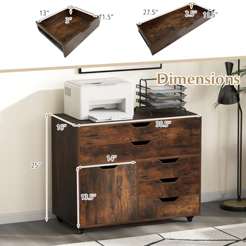 MAT EXPERT 5-Drawer Mobile File Cabinet w/Door, Lateral Filing Cabinet w/5 Universal Wheels, Rolling File Cabinets with Storage, Modern Wood Printer Stand for Home Office, Living Room (Rustic Brown) - color: Rustic Brown