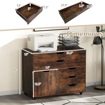 MAT EXPERT 5-Drawer Mobile File Cabinet w/Door, Lateral Filing Cabinet w/5 Universal Wheels, Rolling File Cabinets with Storage, Modern Wood Printer Stand for Home Office, Living Room (Rustic Brown) - color: Rustic Brown