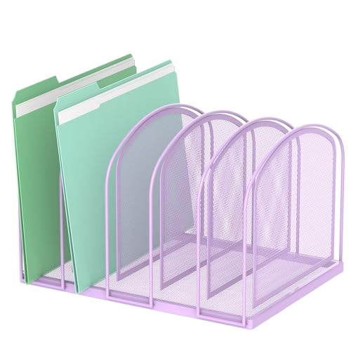 File Organizer 5-Section Mesh Desk Organizer, Upright File Organizer Desktop Organizer File Sorter, File Folder Holder for Office Supplies, Purple | 5 Vertical Compartments with Sturdy Metal Base for Office Documents Books Magazines and Laptop - color: Pu