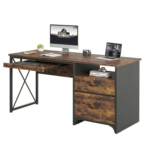 Bestier Office Desk with Drawers, 55 inch Industrial Computer Desk with Storage, Wood Teacher Desk with Keyboard Tray & File Drawer for Home Office, Rustic Brown - color: Rustic Brown