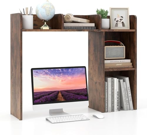 LDAILY Desktop Shelf, Multipurpose Wood Desk Hutch for Max 27" Computer Monitor, Countertop Storage Hutch with 5 Shelves, 3 Tier Desktop Display Rack for Dorm Office Home (Rustic Brown) - color: Rustic Brown, size: 5 Shelves