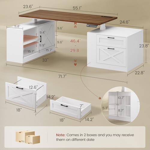 UPOSOJA 71" Farmhouse L Shaped Standing Desk, Electric Height Adjustable Corner Desk with Storage Cabinet & File Drawers, Wood Stand up Computer Desks with Power Outlets for Home Office - color: White+sliding Cabinet