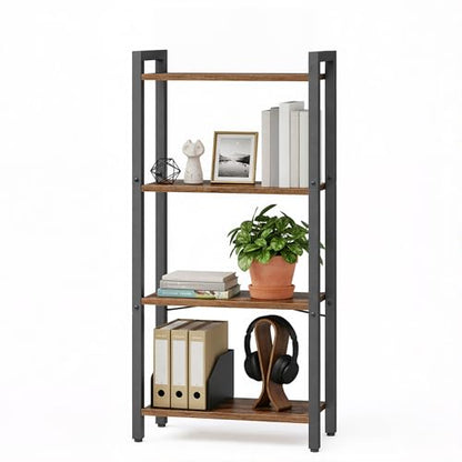 VASAGLE 4-Tier Bookshelf, Bookcase Book Shelf with Steel Frame - color: Rustic Brown + Ink Black, size: 4 Tiers (9.4"D x 15.7"W x 42"H)