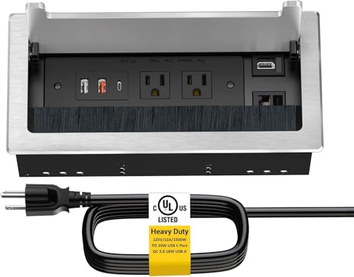 10FT Conference Table Power Hub, Outlet Multimedia Connectivity Box with 1 HDMI + 1 RJ45 + 20W USB C + 2 USB A + 2 AC Outlets, Heavy Duty Metal Table Top Box for Countertop Office UL Listed - color: 1PCS 10FT HDMI Silver