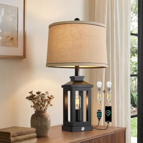 G-SAFAVA 23.75" Retro Farmhouse Black Table Lamp for Living Room Bedroom Nightstand Single Pack Touch Control Bedside Nightlight Vintage Modern Lamp with USB C+A Ports and 2 Light Sources - color: Black