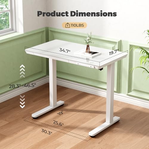 35" Electric Standing Desk with Drawer, One-Piece Glass Top - color: White Glass-top, size: 35"