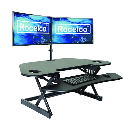 Rocelco 46" Height Adjustable Corner Standing Desk Converter with AC Outlet USB Charger and Dual Monitor Arm Mount - Stand Up Tabletop Riser Workstation - Keyboard Tray - Black (R CADRB-46-ACUSB-DM2) - color: Black+acusb, style: Riser + Dual Mount