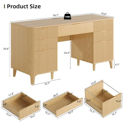 55.1" Fluted Executive Desk with Drawers, Wood Computer Desk with Storage Cabinet, Home Office Desk with Charging Station, Farmhouse Desk with File Cabinet for Office Home (Nature) - color: Nature With 4 Legs