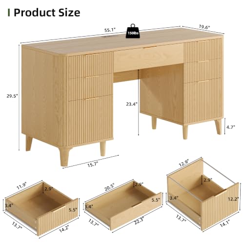 55.1" Fluted Executive Desk with Drawers, Wood Computer Desk with Storage Cabinet, Home Office Desk with Charging Station, Farmhouse Desk with File Cabinet for Office Home (Nature) - color: Nature With 4 Legs