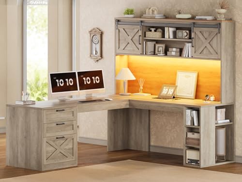 SEDETA 67" Farmhouse L Shaped Desk with Hutch, Grey - color: Grey, size: L Shaped Desk with Hutch (67")