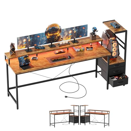 Mericonia 68 inch Gaming Desk with Drawers, Reversible Computer Desk, Brown - color: Brown, size: 67 inch