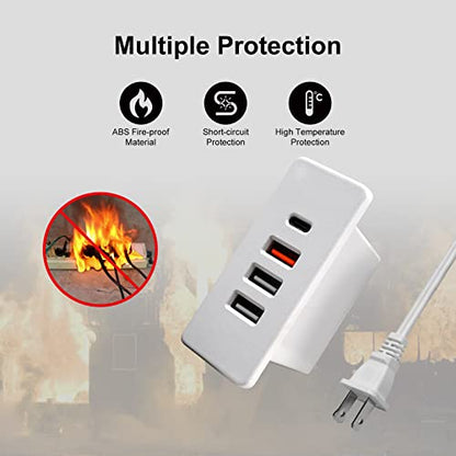 Powered USB C Hub Socket Recessed USB C Power Strip Outlet with Fast Charge 4 USB Ports 20W Mounted into Bed Desk Table Sofa (White)