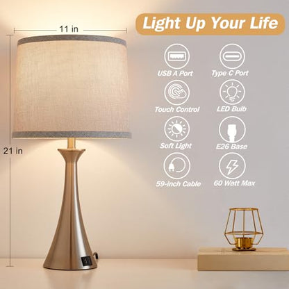 Touch Table Lamps Set of 2, 21" Bedside Lamps with USB C+A, Silver | 3 Way Dimmable Nightstand Lamps with Linen Shades, 2 LED Bulbs Included, Touch Lamp for Living Room, Bedroom and End Tables - color: Silver 2pcs