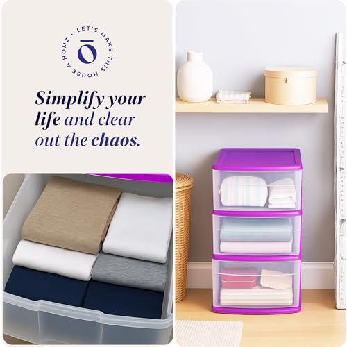 HOMZ Drawer Tower, 3-Tier Storage Cart with Removable Wheels, Purple Frame - color: Purple, size: 1 Pack