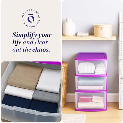HOMZ Drawer Tower, 3-Tier Storage Cart w/Removable Wheels, Purple, 2 Pack - color: Purple, size: 2 Pack