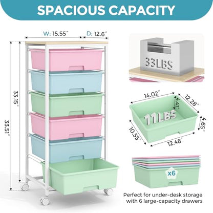 6 Drawer Rolling Storage Cart with Wooden Top and Wheels for Craft Rainbow - color: Rainbow