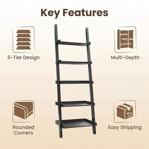 5 Tier Ladder Bookshelf, Black Leaning Bookcase for Home | Layered shelves with raised side lips help style books, plants, baskets, and decor in living rooms, bedrooms, or offices.