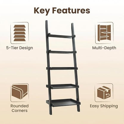 5 Tier Ladder Bookshelf, Black Leaning Bookcase for Home | Layered shelves with raised side lips help style books, plants, baskets, and decor in living rooms, bedrooms, or offices.