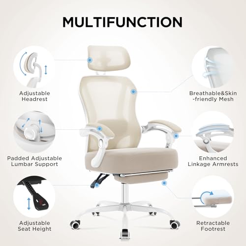 Ergonomic Office Chair with Footrest,Ultra Thick Desk Chair,Cream - color: Cream