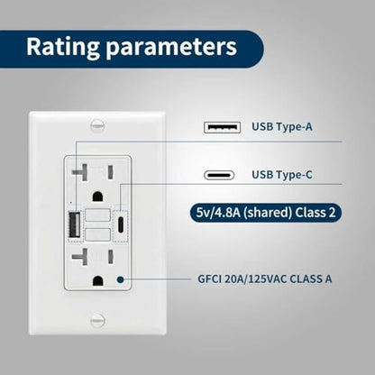 20 Amp GFCI Outlet with USB-A & C Ports, White, 1-Pack
