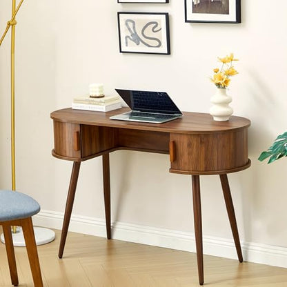 43" Wood Writing Desk, Laptop Desk with Storage, Vanity Table Study Desk | Mid-Century Writing Desk, Walnut Laptop Desk with Storage, Fluted Vanity Table Desk for Office, Bedroom, Study Room - color: Walnut-43 Inch
