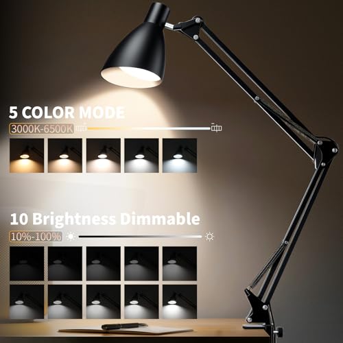 Swing Arm Desk Lamp with Clamp, Adjustable Arm LED Clamp on Desk Lamps with 5 Color Modes and 10 Brightness for Home Office Reading Drafting Study (Black) - color: Black