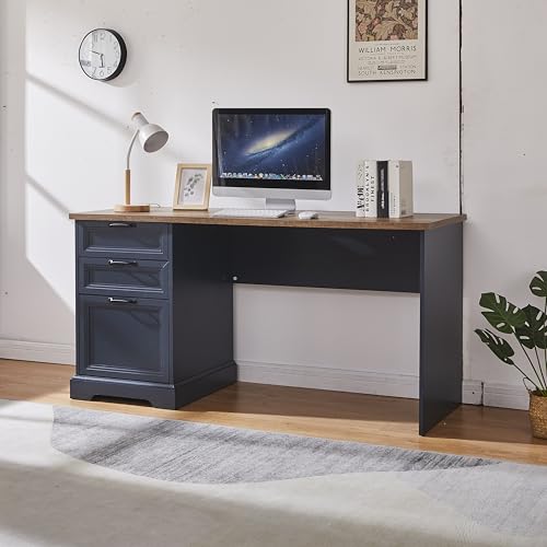 60" Farmhouse Executive Desk with Charging Station,Home Office Desk with 2 Drawers &1 File Cabinet,Wood Work Desk for Office and Home (Blue) - color: Blue