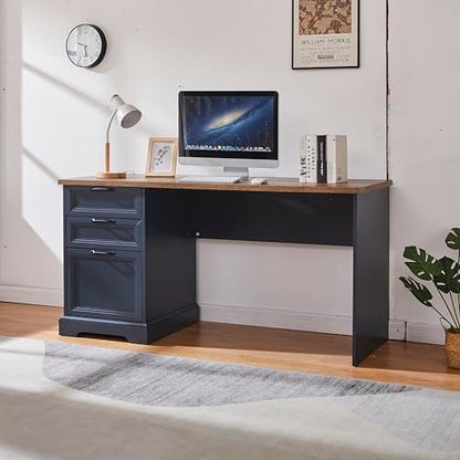 60" Farmhouse Executive Desk with Charging Station,Home Office Desk with 2 Drawers &1 File Cabinet,Wood Work Desk for Office and Home (Blue) - color: Blue