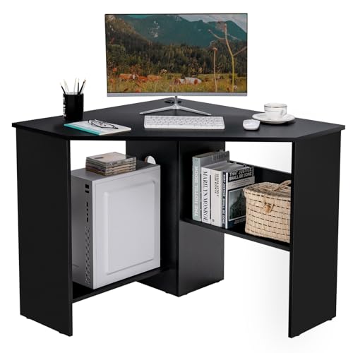 Small Corner Desk, Space-Saving Corner Workstation with Storage Shelves & CPU Stand, 90 Degree Triangle Makeup Vanity Desk, Wood Corner Computer Desk for Small Space (Black) - color: Black