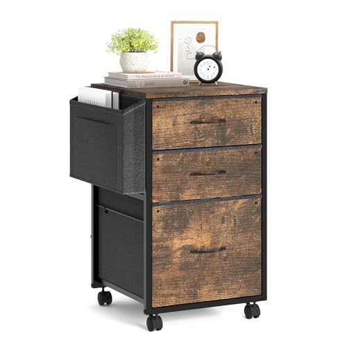 VINGLI 3 Drawer File Cabinet with Side Bag, Rolling File Cabinet Mobile Under Desk File Cabinet with Wheels, Fabric Drawers Printer Stand for Home Office, Fits Letter Size, Rustic Brown - color: Rustic Brown, size: Small 3 Drawers