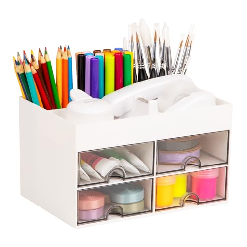 Mind Reader Craft Supply Organizer with Top Tray and 4 Drawers, Desktop Storage for Pens, Scissors, Tape, Beads and Accessories, Plastic, White - color: White Craft Organizer with 4 Drawers