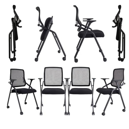 Updated Conference Room Chairs, Folding Office Desk Chair with Lumbar Support and Sliding Armrest with Casters, Stackable Office Guest Chairs & Reception Chairs,8 Pack Black - color: Black, size: 8 Pack