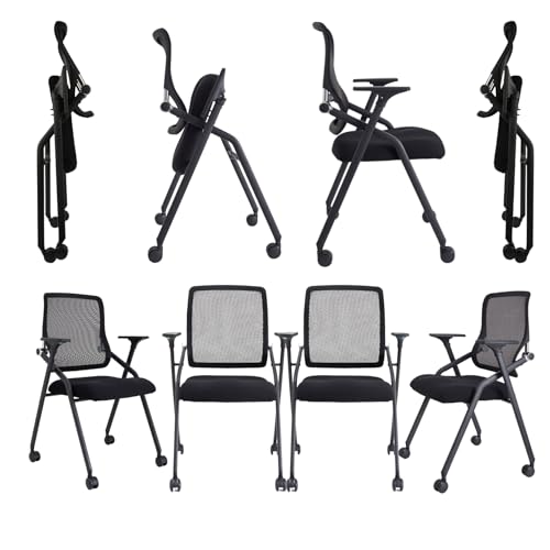 Updated Conference Room Chairs, Folding Office Desk Chair with Lumbar Support and Sliding Armrest with Casters, Stackable Office Guest Chairs & Reception Chairs,8 Pack Black - color: Black, size: 8 Pack