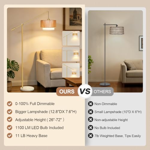 【Upgraded】Boho Dimmable Floor Lamp with Adjustable Swing Arm, 1100 Lumens Bulb Included, Modern Standing Lamp with Rattan & Fabric Shades, Tall Arc Floor Lamp for Living Room Bedroom, Gold, Heavy Base - color: Bohemian-Gold-Heavy Base