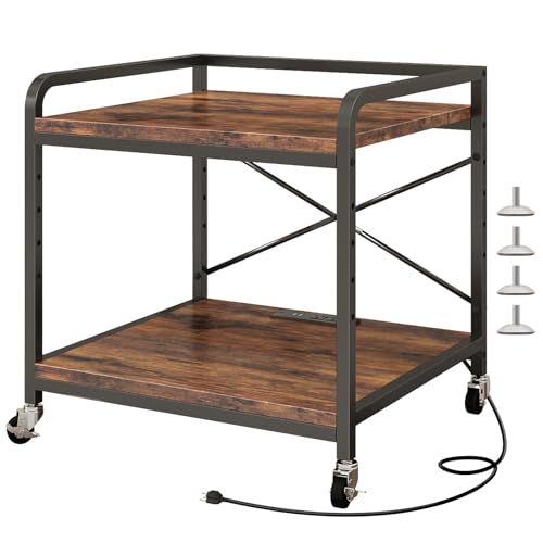 Under Desk Printer Stand with Power Outlet, Adjustable Shelf,Rustic Brown - color: Rustic Brown