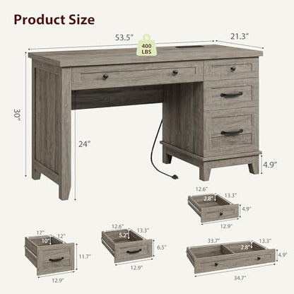 53.5" Farmhouse Home Office Desk with File Cabinet, Wooden Executive Desk with Power Outlet, Work Desk with Drawers, Traditional Wood Desk for Home and Office, Gray - color: Grey
