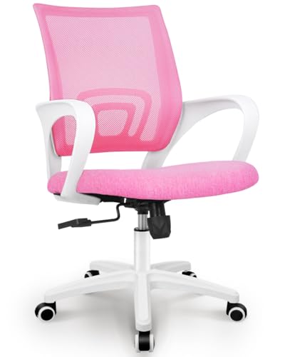 NEO CHAIR Office Computer Chair Ergonomic Mid-Back Mesh Desk Chair, Pink | Breathable Mesh Back with Lumbar Support, Height Adjustment, Smooth Rolling Casters for Home Office, Study or Gaming Setup - color: Pink-fabric