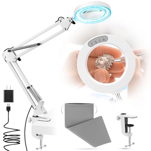 10X Magnifying Glass with Light and Stand,Hands-Free Desk Magnifier | Glass Lens, 5 Color Modes, Portable Velvet Bag,Adjustable Lightness & Swing Arm for Crafts Hobbies Reading Sewing Close Work - color: White Magnifying Glasses With Light