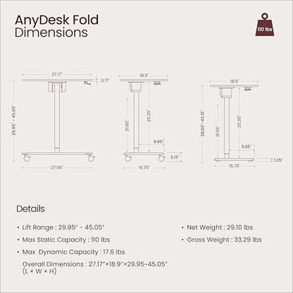 TopJob ANYDESK FOLD Mobile Standing Desk, Portable with Lockable Wheels, Foldable Stand Desk, Rolling Computer Workstations, Used for Home, Couch Side Table, Bedside Table in Bed Room Kitchen (Black) - color: Black