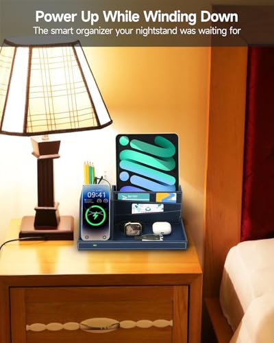 Desk Organizer with Charging Station, Nightstand Organizer Phone Docking Station, Men Gift Husband Wife Anniversary Dad Birthday Nightstand Purse Father Graduation Male Travel Idea Gadgets - color: Blue