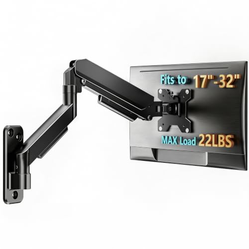 Single Monitor Wall Mount for 17 to 32 inch Flat/Curved Computer Screens,Full Motion Adjustable Monitor Wall Arm Holds Up to 22lbs,VESA Wall Mount 75x75/100x100, Black - size: 17”-32” monitor arm