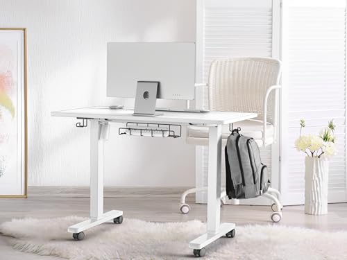 SHW Mobile Electric Height Adjustable Standing Desk w/Drawer, White | 40" Wide Top | w/ Memory Presets and Cable Management | Drawer with adjustable compartments | Hanging Hooks - color: White
