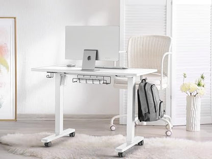 SHW Mobile Electric Height Adjustable Standing Desk w/Drawer, White | 40" Wide Top | w/ Memory Presets and Cable Management | Drawer with adjustable compartments | Hanging Hooks - color: White